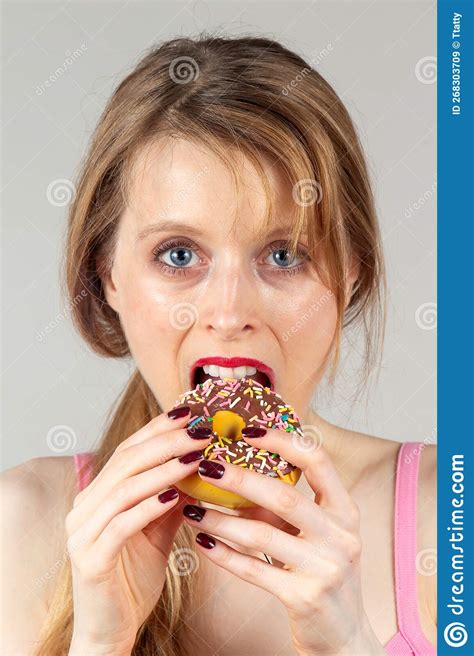 Woman Eating Donut Stock Image Image Of Chocolate Unhealthy 268303709