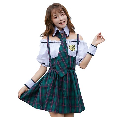 4pcs pretty school girl off shoulder fake two pieces checkered dress adult cosplay costume n19472