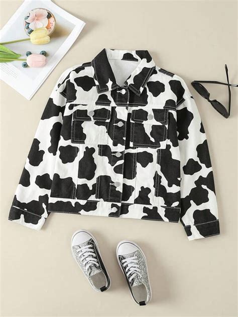 Tween Girl Cow Print Denim Jacket Shein Uk