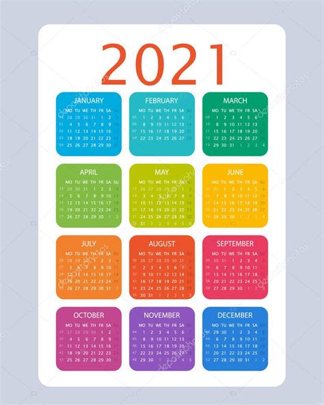 Calendario De 2021 Años Diseño Vectorial Colorido La Semana Comienza El Lunes Números De