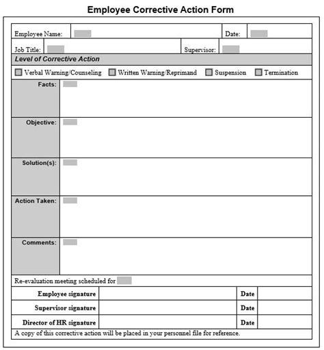Employee Corrective Action Form Template Action Plan Template