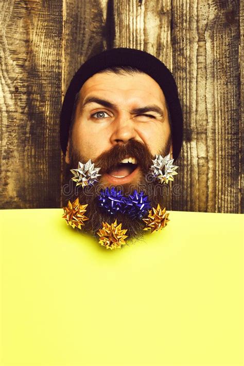 Bearded Man Brutal Caucasian Squinting Hipster With T Decoration