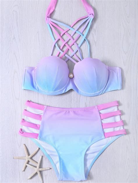 [41 off] 2021 lace up hollow out gradient bikini set in colormix dresslily