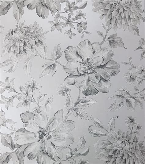 Crown Lucia Silver Floral Wallpaper White Grey Flowers Pearlescent