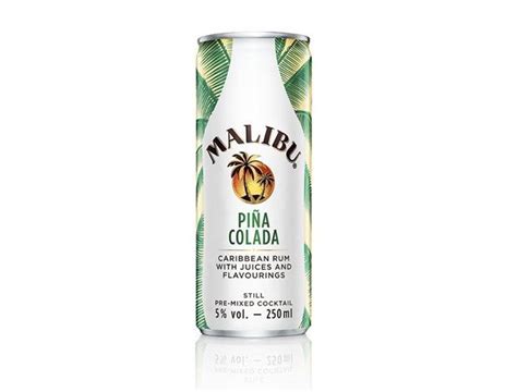 An easy recipe for a refreshing and tasty pina colada cocktail with malibu rum, coconut cream and pineapple juice, garnished with fresh pineapple. Premixed Canned Caribbean Cocktails : Malibu Piña Colada