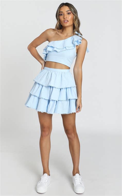 rooftop spritz two piece set in powder blue showpo 2 piece outfit set skirts 2 piece outfits