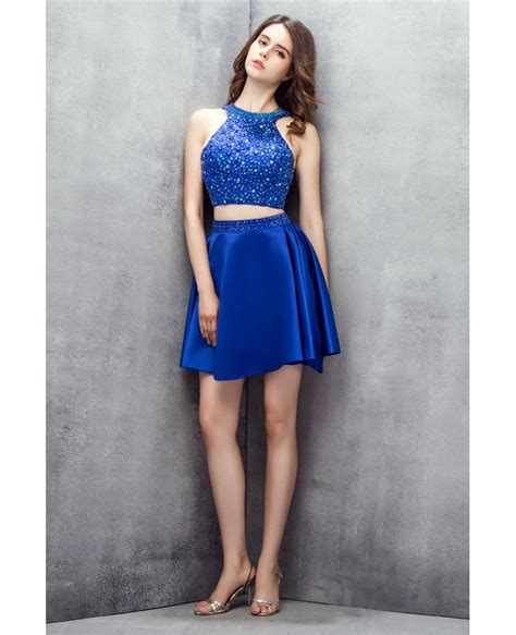 Bling Sequins Royal Blue Two Pieces Satin Short Prom Dress