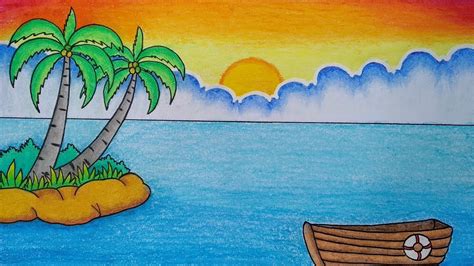 Cara Menggambar Dan Mewarnai Tema Pemandangan Sunset Di Pantai Yang Riset