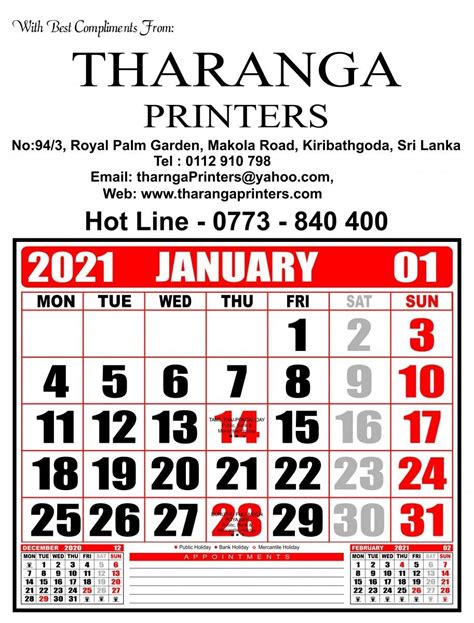 January 2021 Calendar With Holidays Sri Lanka Jamas The Olvidare