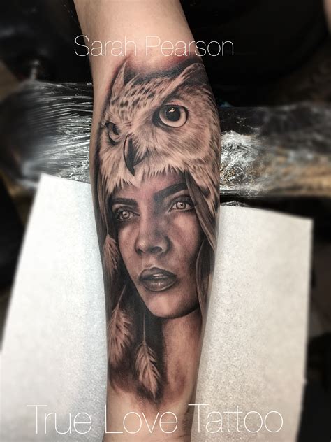 Beautiful Woman Face Tattoo With Owl Headress Black And Grey