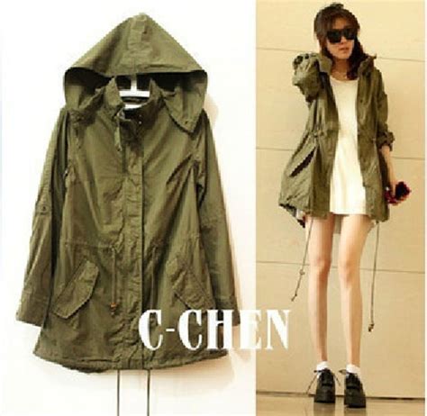 Fashion Womens Army Green Military Parka Button Trench Hooded Coat