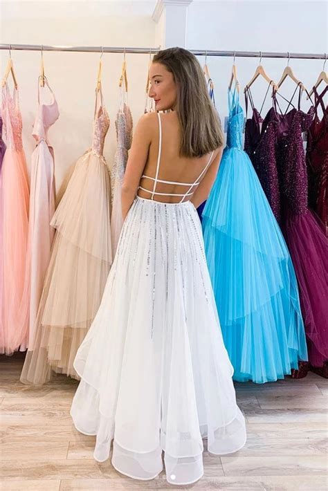 Puffy White V Neck Tulle Sequins Long A Line Backless Prom Dresses Promdress Me Uk