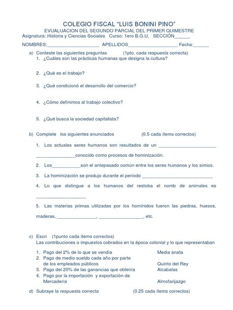 Evaluación Segundo Parcial Historia Y Ciencias Sociales 1ero Bgu Pdf