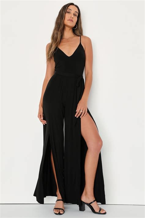 Cool Black Jumpsuit Wide Leg Jumpsuit Slit Jumpsuit Lulus