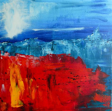 Red Flowers Blue Mountains Abstract Landscape Painting