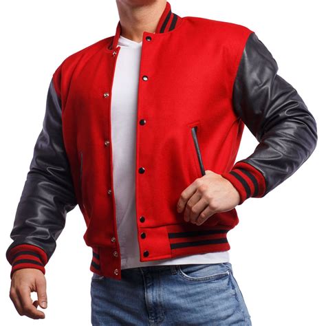 Varsity Base Men Jacket Scarlet Red Wool Body Black Leather Sleeves