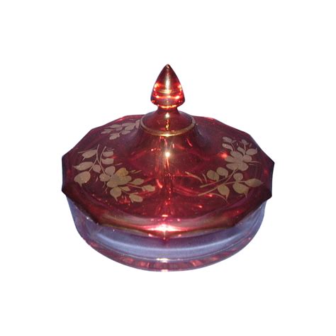 Cranberry Glass Gold Trim 3 Section Covered Candy Dish From