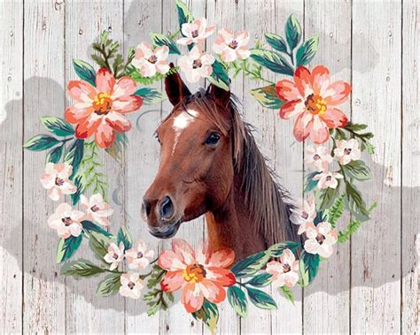Boho Floral Horse Watercolor Flowers Printable Digital Etsy