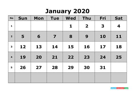 Printable January 2020 Calendar Template Word Pdf