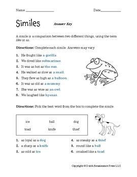Free worksheets with answer keys education! Similes Worksheets | Simile worksheet, Similes and metaphors, Writing worksheets