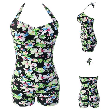 2016 New Plus Size Swimsuit Floral Print Black Vintage