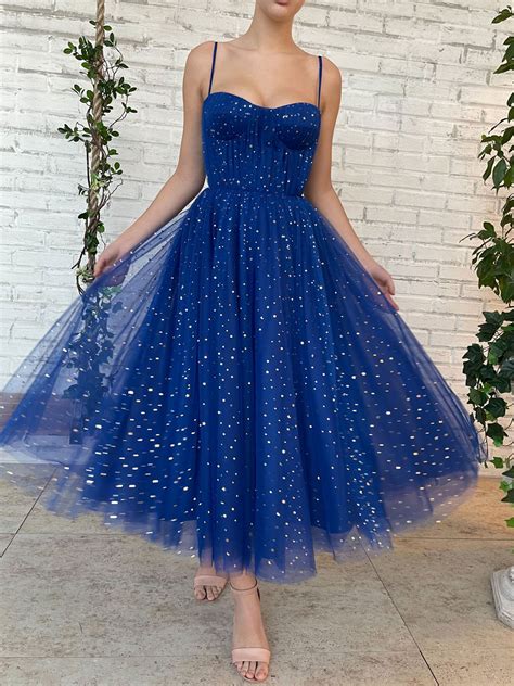 Blue Tulle Tea Length Prom Dress Blue Tulle Bridesmaid Dress Dresstby