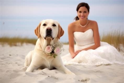 Premium Ai Image A Bride And Her Dog Sit On The Beach And Pose For A
