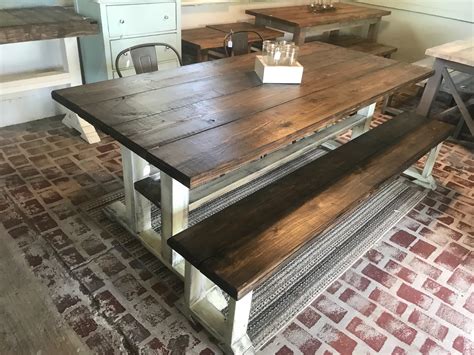 Rustic 7ft Pedestal Farmhouse Table With Long Bench And Metal Chairs