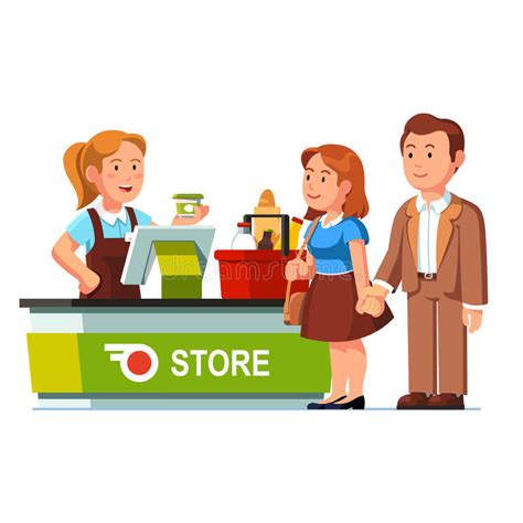 Cashier At Checkout Counter And Serving Customers Stock Vector
