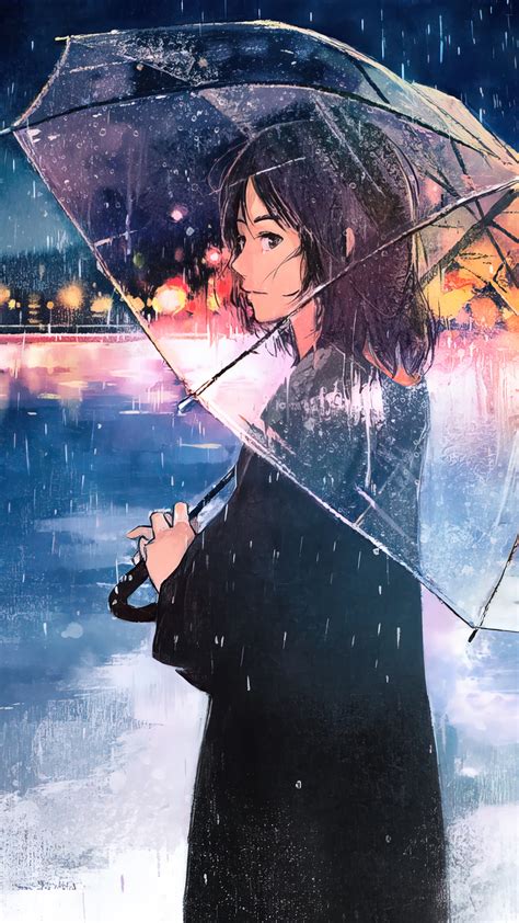 Free Download Anime Girl Beach Raining Umbrella 4k Wallpaper Iphone