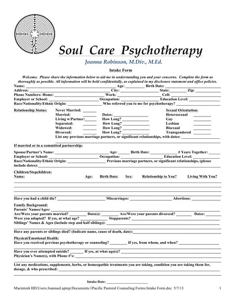 Mental Health Printable Counselling Intake Form Template Printable