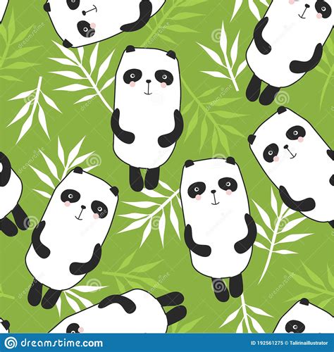 Colorful Seamless Pattern With Happy Pandas Bamboo Leaves Decorative