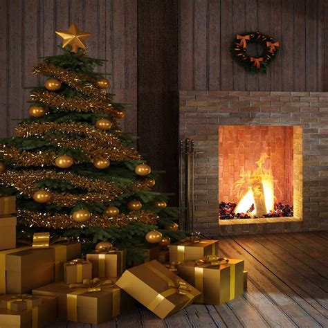 Christmas Tree Fireplace Gold Presents Backdrop 5301 Backdrop Outlet