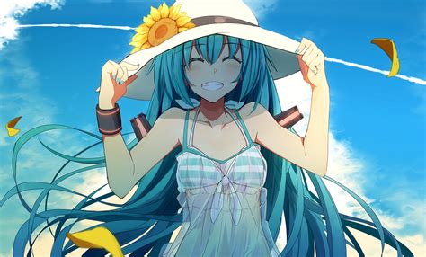 Wallpaper Big Smile Vocaloid Hatsune Miku Dress Summer Sunflower