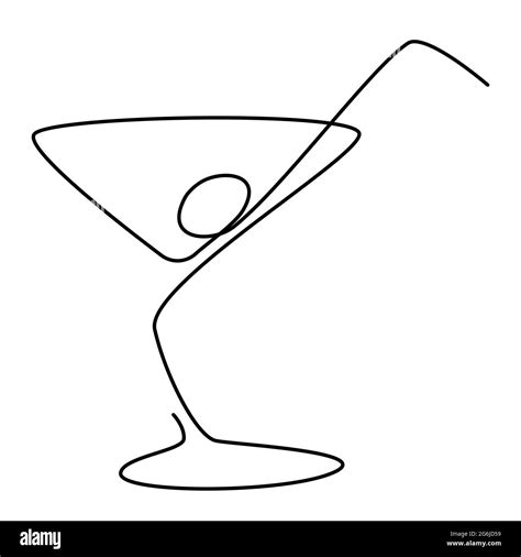 Cocktail Glass With Martini Straw And Olive Continuous Outline Black Silhouette Isolated On