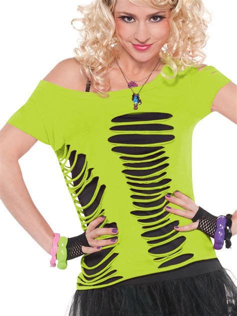 Totally 80s Green Ripped T Shirt Ladies Fancy Dress Costume Top