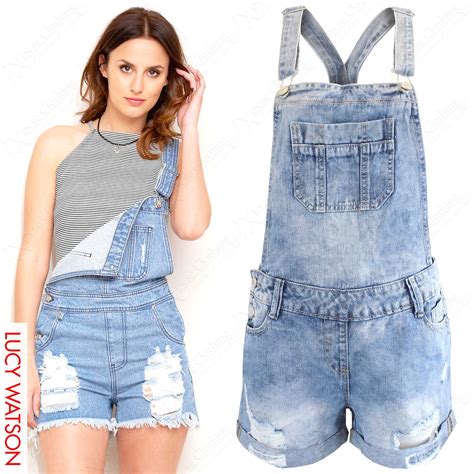 New Womens Dungaree Denim Shorts Front Rips Ladies Dungarees Blue Jeans