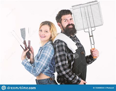Barbecue Master Bearded Hipster And Girl Ready For Barbecue Party Roasting And Grilling Food