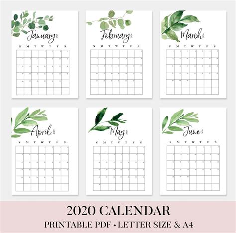 Printable Monthly Calendar 2020 Greenery Monthly Calendar 2020