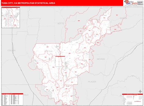 Yuba City Ca Metro Area Zip Code Wall Map Red Line Style By Marketmaps