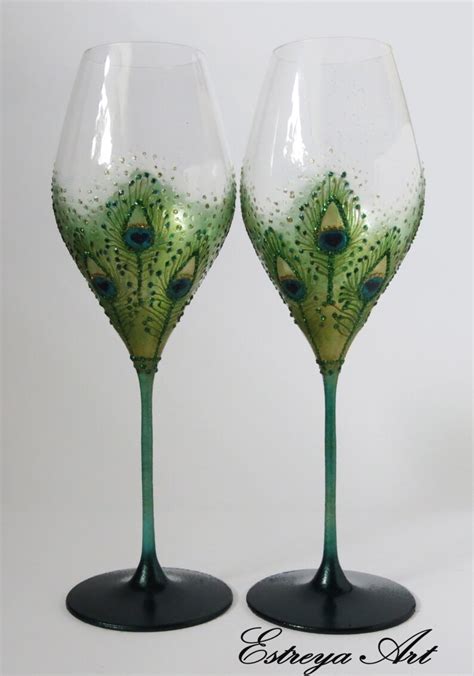 Peacock Wedding Peacock Feathers Hand Painted Glasses Etsy