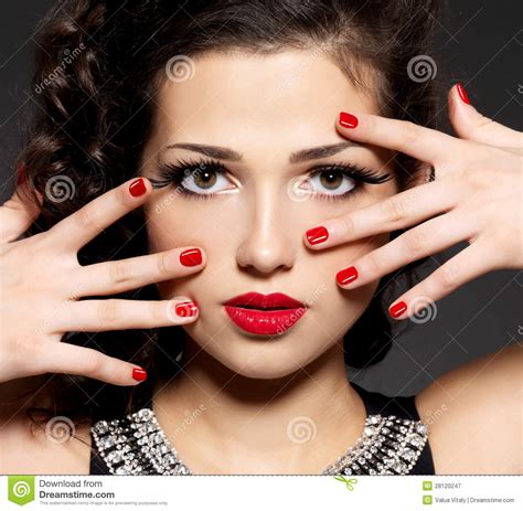 Brunette Woman With Red Nails And Makeup Stock Image Image Of Hand