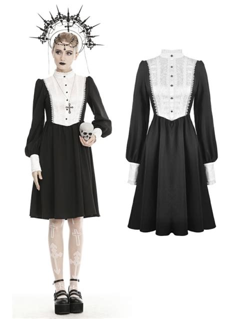 White Lace Front Garment Button Long Sleeves Black Gothic Nun Dress