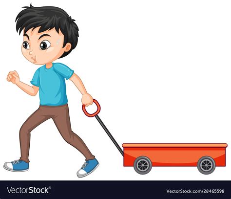 Boy Pulling Wagon On Isolated Background Vector Image