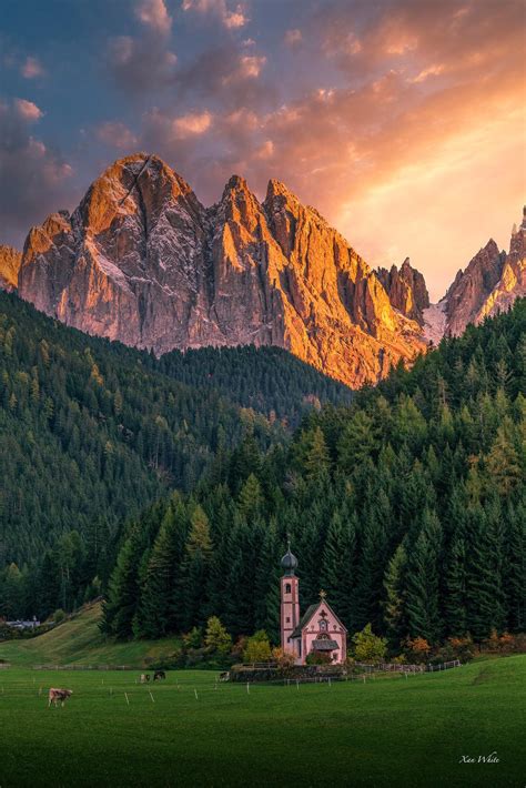 Dolomites Looming Over San Giovanni Church In Val Di Funes Italia R