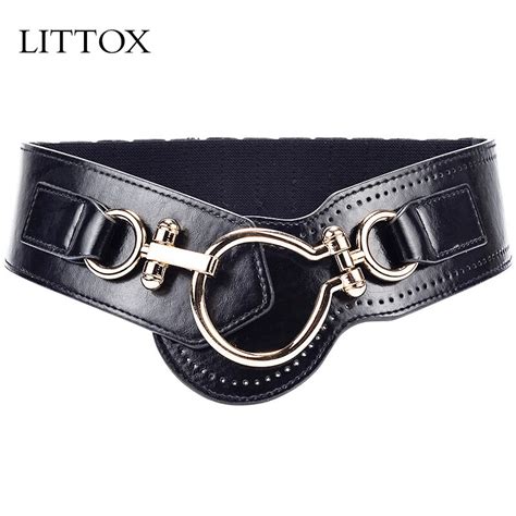 Littox Vintage Wide Belt Cummerbunds For Women Fashion Genuine Leather Retro Buckle Elastic