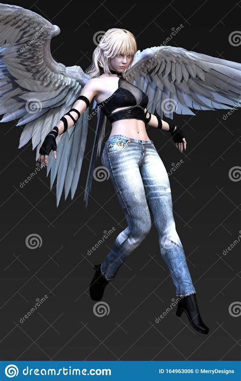 Rendering Of A Beautiful Female Angel With White Wings Wearing Jeans