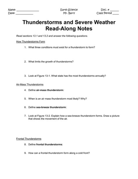 Thunderstorms And Severe Weather Read Along Notes