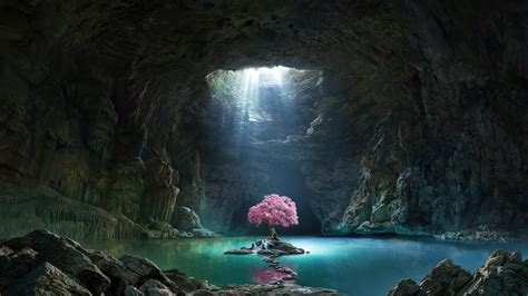 Beautiful Cherry Blossom Cave Lake Scenery 4k 6446