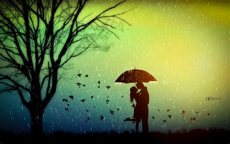 Romance Lovers Tree Leaves Rainy Day Umbrella